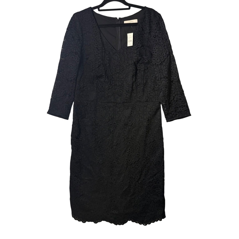Ann Taylor LOFT Black Floral Lace V-Neck Sheath Dress 14T NWT